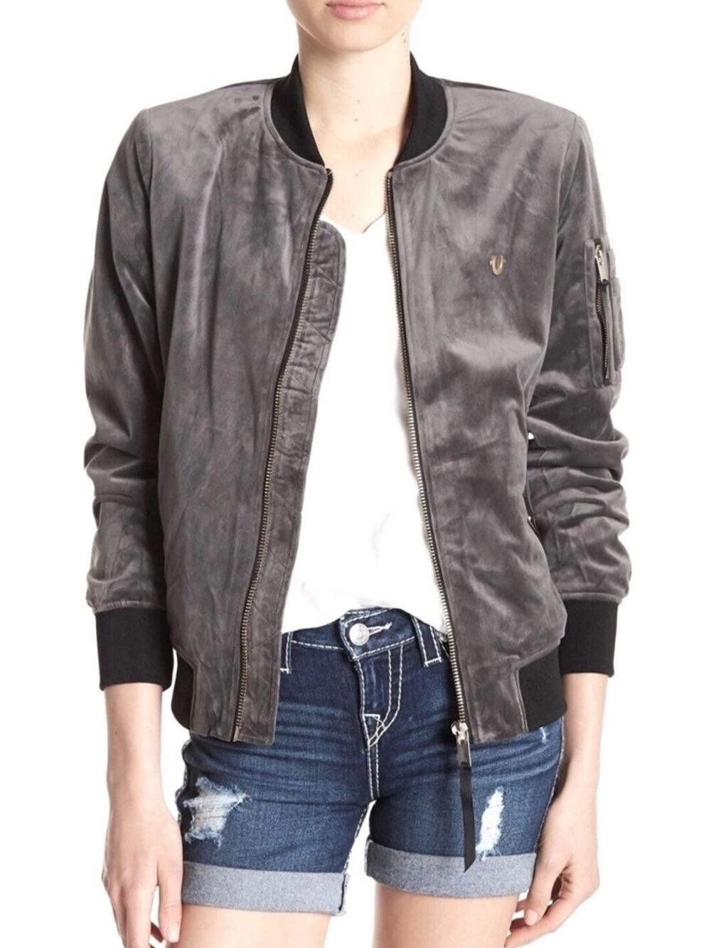 NWOT True Religion Gray Velvet Bomber Jacket XS